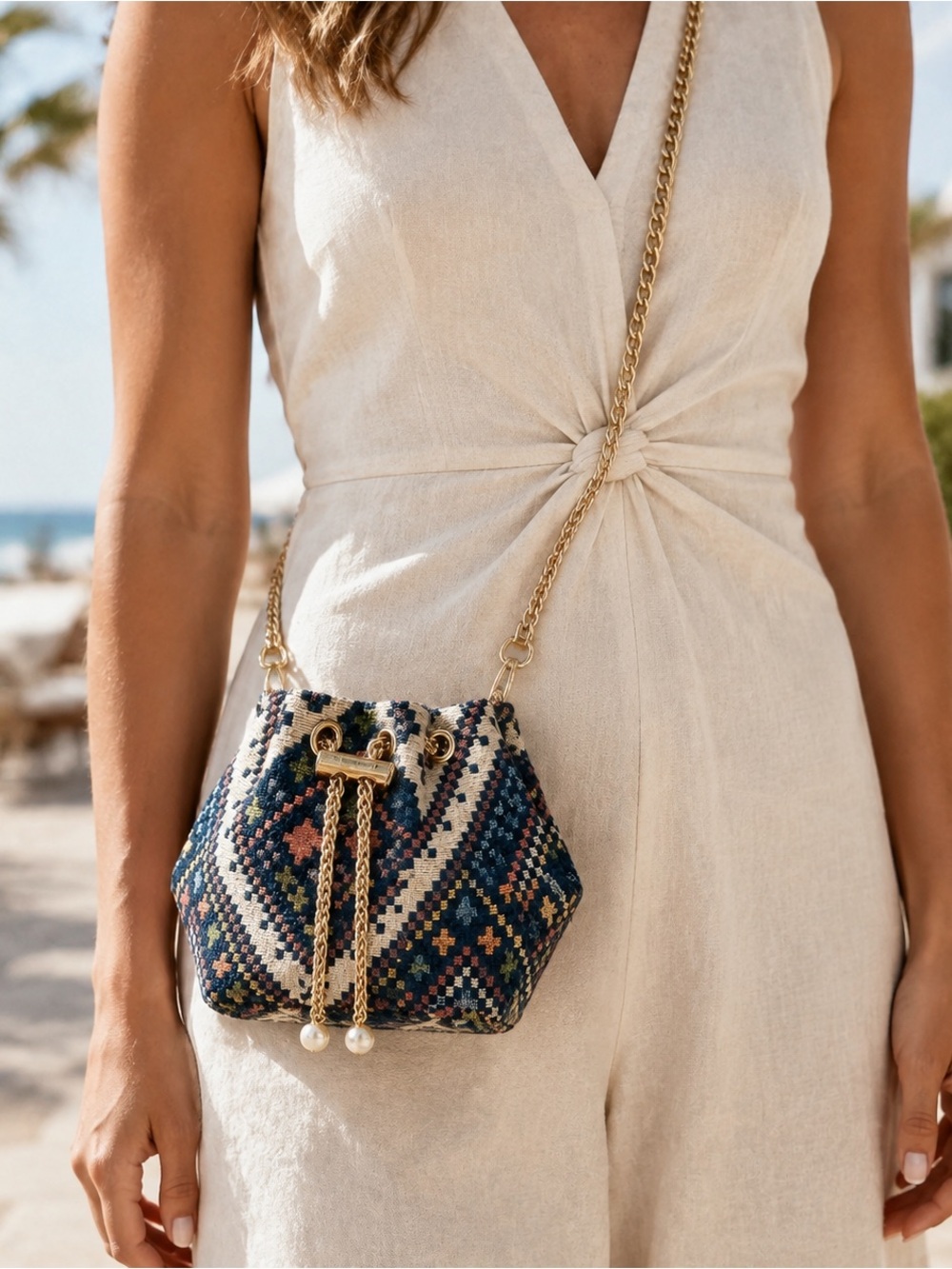 New Boho Tapestry Mini Bucket Bag Gold Chain Pearl Drawstring Crossbody